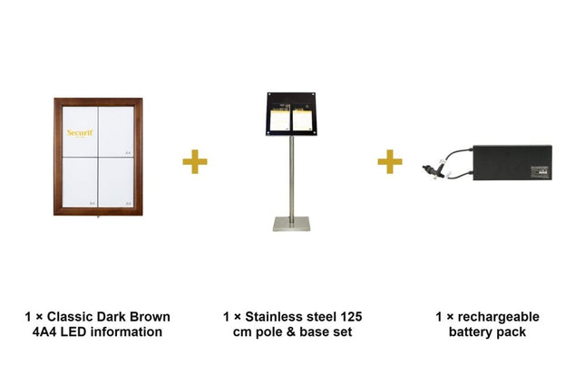 Securit® Classic Dark Brown 4A4 LED Information Display Set – Display + Pole & Base + Battery | Hospitality Trade Pack - hospitality