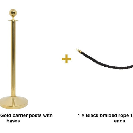 Securit® Classic Gold Entrance Barrier Set – 2 Posts & Bases + Black Braided Rope | Hospitality Trade Pack - hospitality