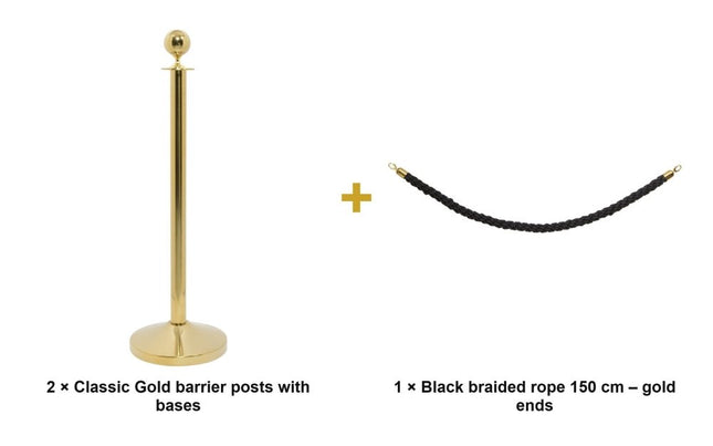 Securit® Classic Gold Entrance Barrier Set – 2 Posts & Bases + Black Braided Rope | Hospitality Trade Pack - hospitality