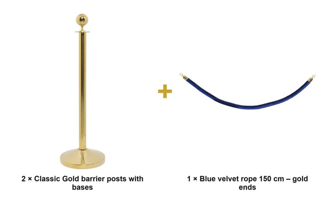 Securit® Classic Gold Entrance Barrier Set – 2 Posts & Bases + Blue Velvet Rope | Hospitality Trade Pack - hospitality