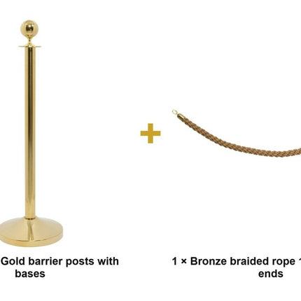 Securit® Classic Gold Entrance Barrier Set – 2 Posts & Bases + Bronze Braided Rope | Hospitality Trade Pack - hospitality