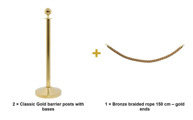 Securit® Classic Gold Entrance Barrier Set – 2 Posts & Bases + Bronze Braided Rope | Hospitality Trade Pack - hospitality