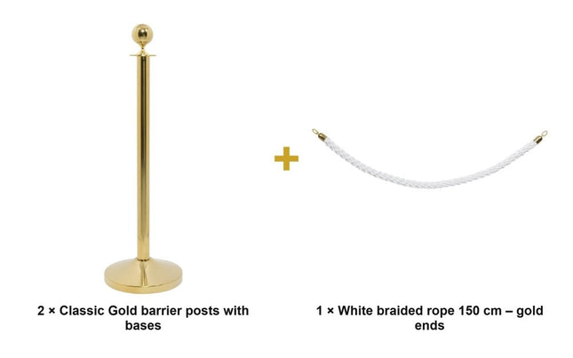 Securit® Classic Gold Entrance Barrier Set – 2 Posts & Bases + White Braided Rope | Hospitality Trade Pack - hospitality