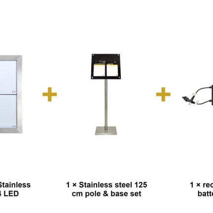 Securit® Classic Stainless Steel 4A4 LED Information Display Set – Display + Pole & Base + Battery | Hospitality Trade Pack - hospitality
