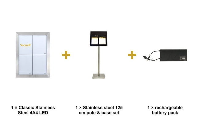Securit® Classic Stainless Steel 4A4 LED Information Display Set – Display + Pole & Base + Battery | Hospitality Trade Pack - hospitality