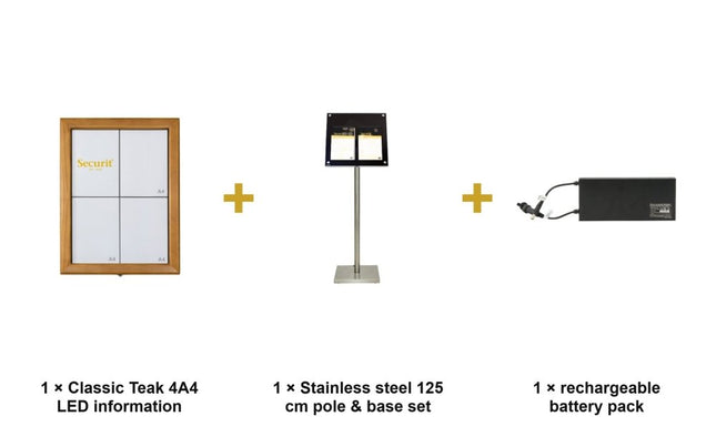 Securit® Classic Teak 4A4 LED Information Display Set – Display + Pole & Base + Battery | Hospitality Trade Pack - hospitality