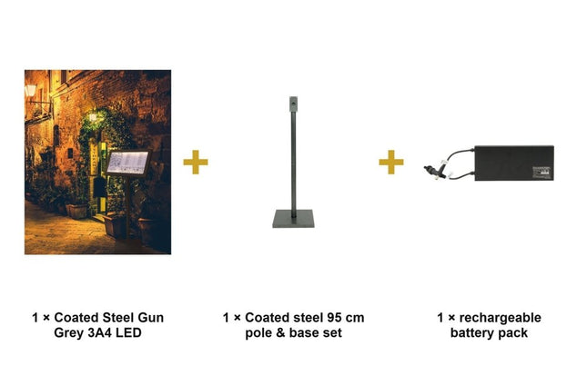 Securit® Coated Steel Gun Grey 3A4 LED Information Display Set – Display + Pole & Base + Battery | Hospitality Trade Pack - hospitality