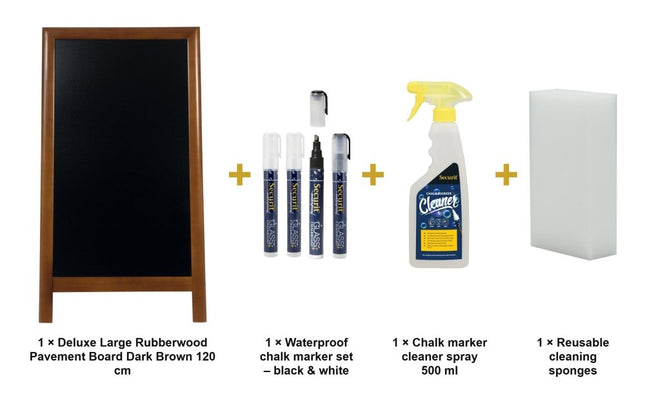 Securit® Deluxe Large Rubberwood Pavement Board Dark Brown 120 cm Chalkboard Set – Board + Waterproof Markers + Cleaner | Hospitality Trade Pack - hospitality