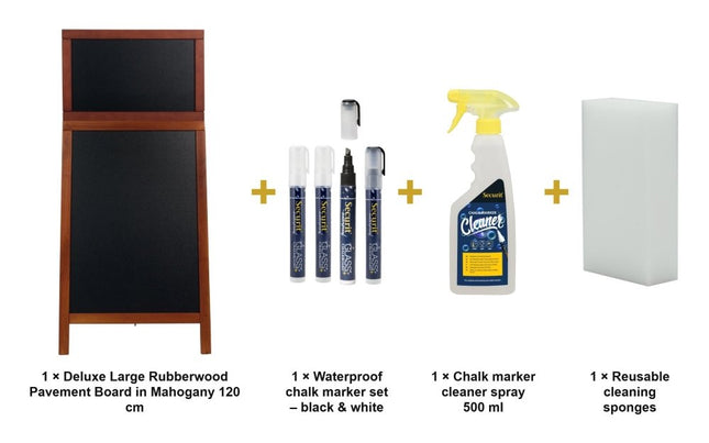 Securit® Deluxe Large Rubberwood Pavement Board in Mahogany 120 cm Chalkboard Set – Board + Waterproof Markers + Cleaner | Hospitality Trade Pack - hospitality