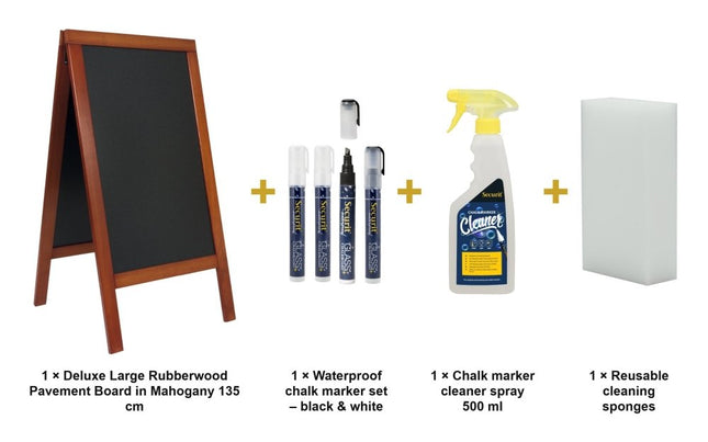 Securit® Deluxe Large Rubberwood Pavement Board in Mahogany 135 cm Chalkboard Set – Board + Waterproof Markers + Cleaner | Hospitality Trade Pack - hospitality