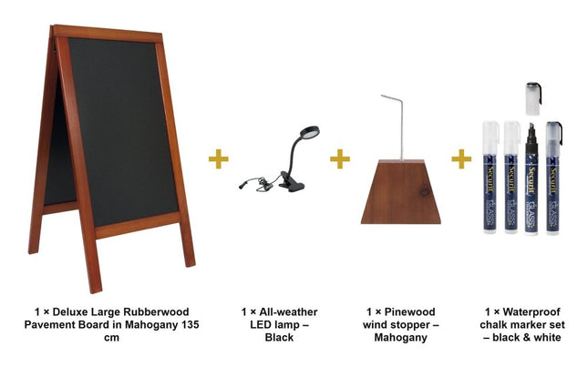 Securit® Deluxe Large Rubberwood Pavement Board in Mahogany 135 cm Lit Pavement Sign Set – Board + LED Lamp + Wind Stopper + Markers | Hospitality Trade Pack - hospitality