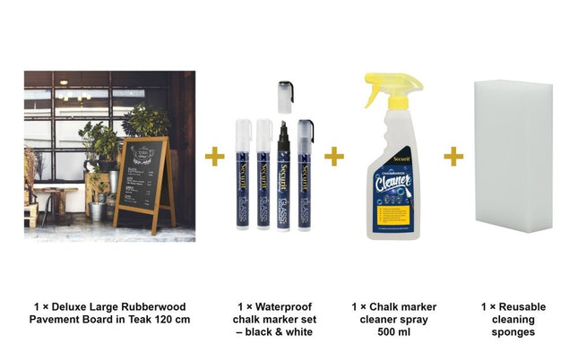 Securit® Deluxe Large Rubberwood Pavement Board in Teak 120 cm Chalkboard Set – Board + Waterproof Markers + Cleaner | Hospitality Trade Pack - hospitality