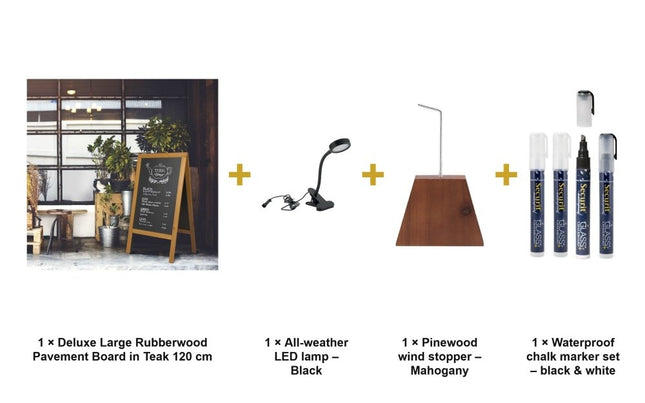 Securit® Deluxe Large Rubberwood Pavement Board in Teak 120 cm Lit Pavement Sign Set – Board + LED Lamp + Wind Stopper + Markers | Hospitality Trade Pack - hospitality
