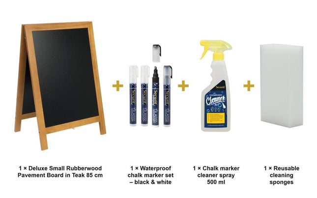Securit® Deluxe Small Rubberwood Pavement Board in Teak 85 cm Chalkboard Set – Board + Waterproof Markers + Cleaner | Hospitality Trade Pack - hospitality