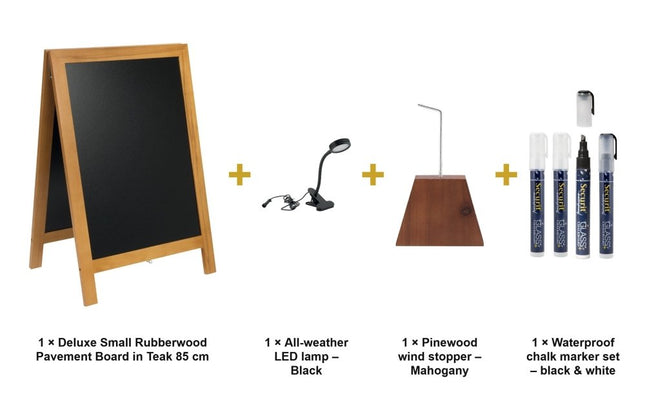 Securit® Deluxe Small Rubberwood Pavement Board in Teak 85 cm Lit Pavement Sign Set – Board + LED Lamp + Wind Stopper + Markers | Hospitality Trade Pack - hospitality