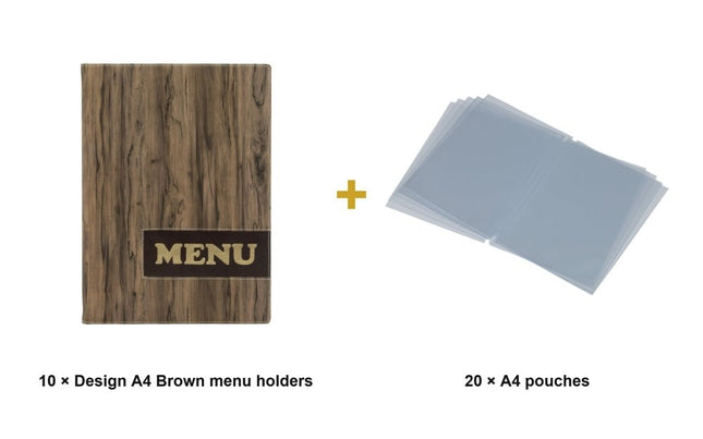 Securit® Design A4 Brown Menu Set – 10 Menu Holders + 20 Extra Pouches | Hospitality Trade Pack - hospitality