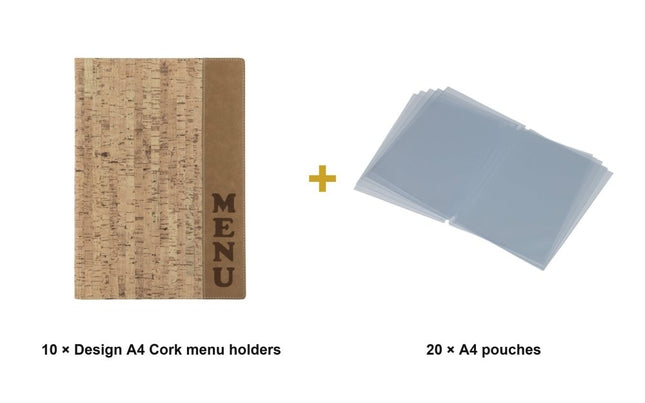 Securit® Design A4 Cork Menu Set – 10 Menu Holders + 20 Extra Pouches | Hospitality Trade Pack - hospitality