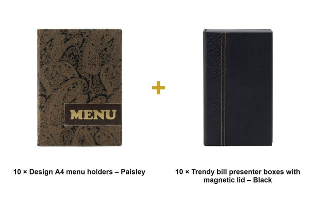 Securit® Design A4 Paisley Front-of-House Set – 10 Menu Holders + 10 Bill Presenter Boxes | Hospitality Trade Pack - hospitality