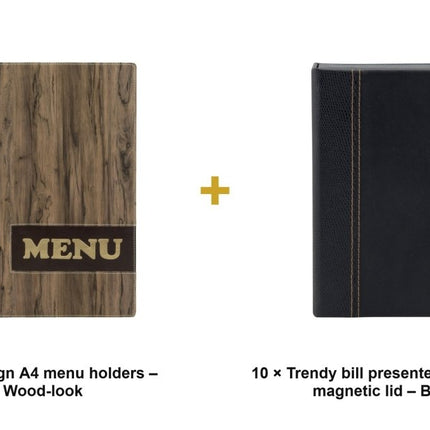 Securit® Design A4 Wood-look Front-of-House Set – 10 Menu Holders + 10 Bill Presenter Boxes | Hospitality Trade Pack - hospitality