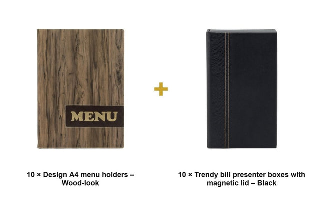 Securit® Design A4 Wood-look Front-of-House Set – 10 Menu Holders + 10 Bill Presenter Boxes | Hospitality Trade Pack - hospitality