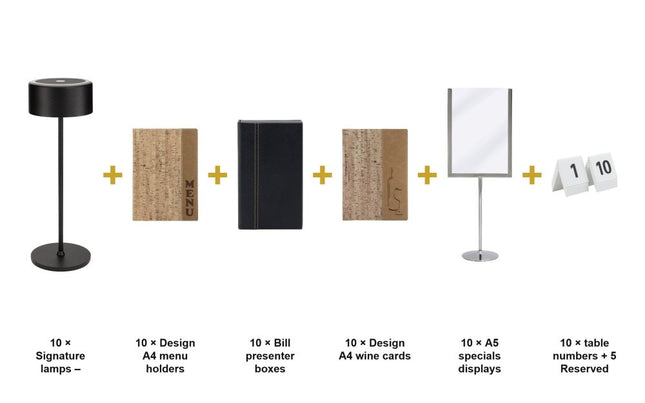 Securit® Design Cork Complete Ready Table Set for 10 Tables – Lamps + Menus + Wine Cards + Bill Presenters + Specials Displays + Table Numbers | Hospitality Trade Pack - hospitality