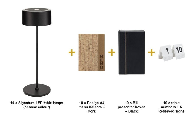 Securit® Design Cork Ready Table Set for 10 Tables – Lamps + Menu Holders + Bill Presenters + Table Numbers | Hospitality Trade Pack - hospitality