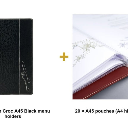 Securit® Design Croc A45 Black Menu Set – 10 Menu Holders + 20 Extra Pouches | Hospitality Trade Pack - hospitality