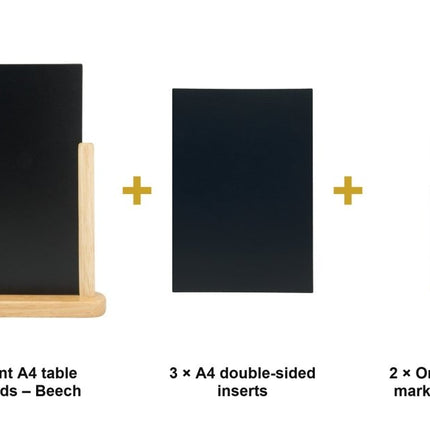 Securit® Elegant A4 Beech (Pack of 6) Table Chalkboard Set – Boards + 3 Extra Inserts + White Markers | Hospitality Trade Pack - hospitality