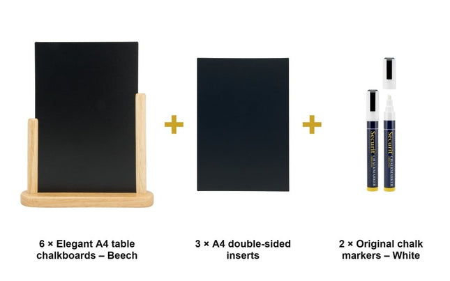 Securit® Elegant A4 Beech (Pack of 6) Table Chalkboard Set – Boards + 3 Extra Inserts + White Markers | Hospitality Trade Pack - hospitality