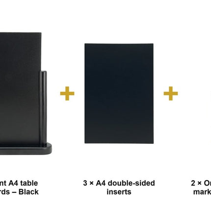 Securit® Elegant A4 Black (Pack of 6) Table Chalkboard Set – Boards + 3 Extra Inserts + White Markers | Hospitality Trade Pack - hospitality