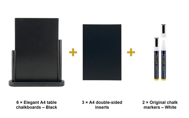 Securit® Elegant A4 Black (Pack of 6) Table Chalkboard Set – Boards + 3 Extra Inserts + White Markers | Hospitality Trade Pack - hospitality