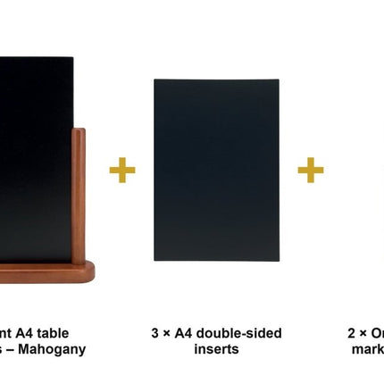 Securit® Elegant A4 Mahogany (Pack of 6) Table Chalkboard Set – Boards + 3 Extra Inserts + White Markers | Hospitality Trade Pack - hospitality