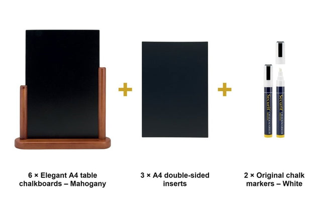 Securit® Elegant A4 Mahogany (Pack of 6) Table Chalkboard Set – Boards + 3 Extra Inserts + White Markers | Hospitality Trade Pack - hospitality