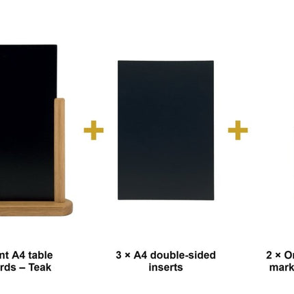 Securit® Elegant A4 Teak (Pack of 6) Table Chalkboard Set – Boards + 3 Extra Inserts + White Markers | Hospitality Trade Pack - hospitality