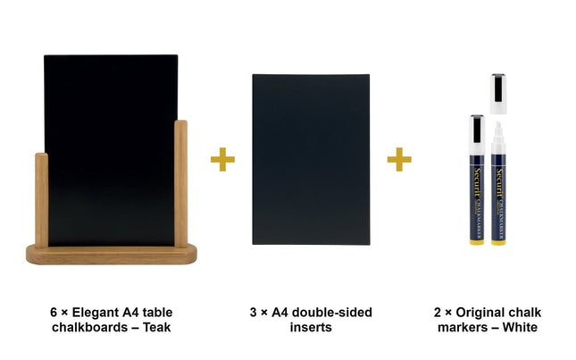 Securit® Elegant A4 Teak (Pack of 6) Table Chalkboard Set – Boards + 3 Extra Inserts + White Markers | Hospitality Trade Pack - hospitality