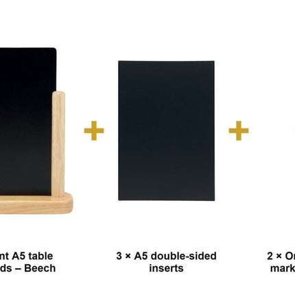 Securit® Elegant A5 Beech (Pack of 6) Table Chalkboard Set – Boards + 3 Extra Inserts + White Markers | Hospitality Trade Pack - hospitality