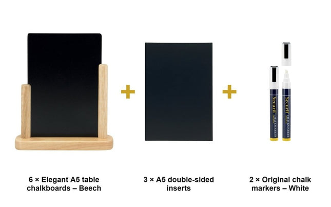 Securit® Elegant A5 Beech (Pack of 6) Table Chalkboard Set – Boards + 3 Extra Inserts + White Markers | Hospitality Trade Pack - hospitality