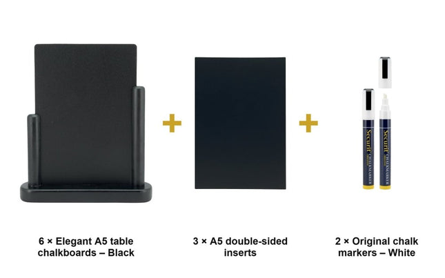 Securit® Elegant A5 Black (Pack of 6) Table Chalkboard Set – Boards + 3 Extra Inserts + White Markers | Hospitality Trade Pack - hospitality
