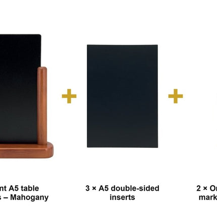 Securit® Elegant A5 Mahogany (Pack of 6) Table Chalkboard Set – Boards + 3 Extra Inserts + White Markers | Hospitality Trade Pack - hospitality