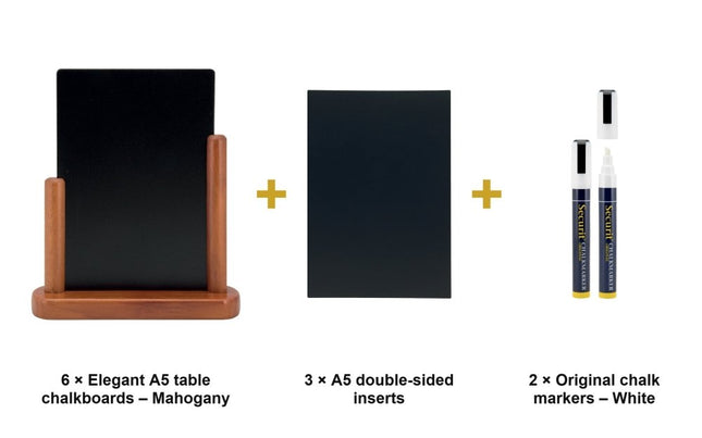 Securit® Elegant A5 Mahogany (Pack of 6) Table Chalkboard Set – Boards + 3 Extra Inserts + White Markers | Hospitality Trade Pack - hospitality