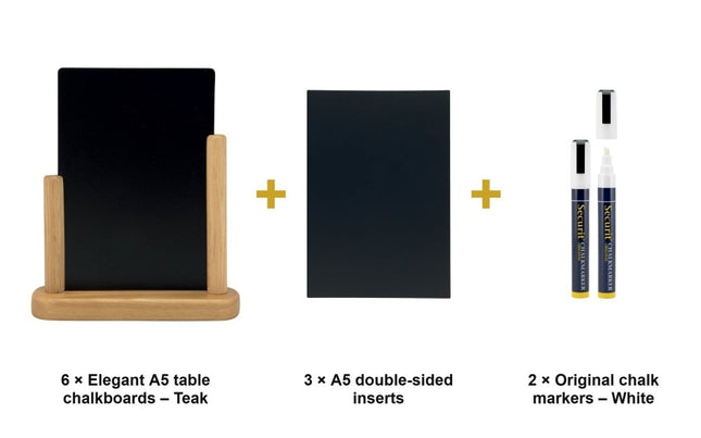 Securit® Elegant A5 Teak (Pack of 6) Table Chalkboard Set – Boards + 3 Extra Inserts + White Markers | Hospitality Trade Pack - hospitality