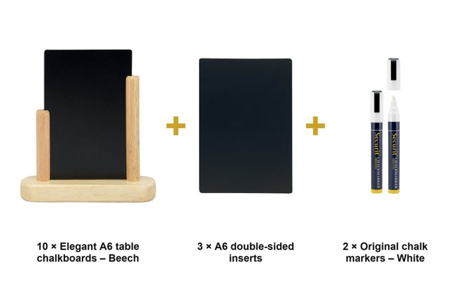 Securit® Elegant A6 Beech (Pack of 10) Table Chalkboard Set – Boards + 3 Extra Inserts + White Markers | Hospitality Trade Pack - hospitality