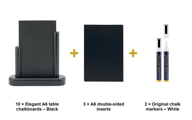 Securit® Elegant A6 Black (Pack of 10) Table Chalkboard Set – Boards + 3 Extra Inserts + White Markers | Hospitality Trade Pack - hospitality