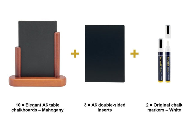 Securit® Elegant A6 Mahogany (Pack of 10) Table Chalkboard Set – Boards + 3 Extra Inserts + White Markers | Hospitality Trade Pack - hospitality