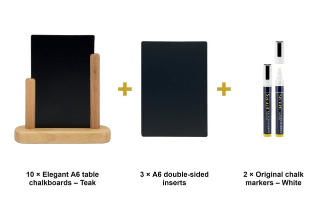 Securit® Elegant A6 Teak (Pack of 10) Table Chalkboard Set – Boards + 3 Extra Inserts + White Markers | Hospitality Trade Pack - hospitality