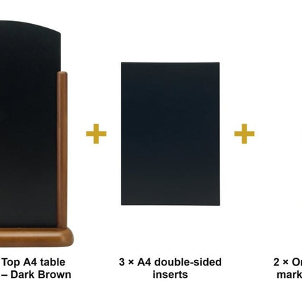 Securit® Elegant Top A4 Dark Brown (Pack of 6) Table Chalkboard Set – Boards + 3 Extra Inserts + White Markers | Hospitality Trade Pack - hospitality