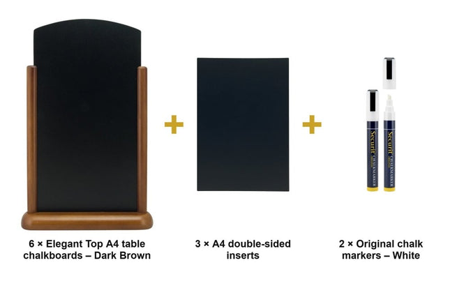 Securit® Elegant Top A4 Dark Brown (Pack of 6) Table Chalkboard Set – Boards + 3 Extra Inserts + White Markers | Hospitality Trade Pack - hospitality
