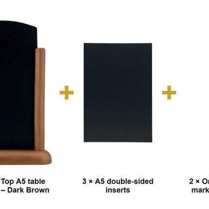 Securit® Elegant Top A5 Dark Brown (Pack of 6) Table Chalkboard Set – Boards + 3 Extra Inserts + White Markers | Hospitality Trade Pack - hospitality