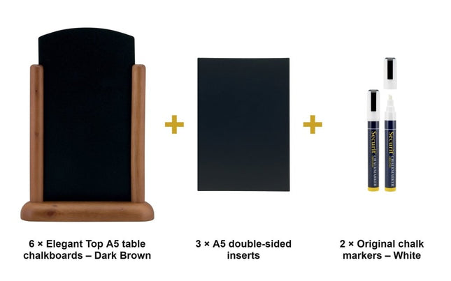 Securit® Elegant Top A5 Dark Brown (Pack of 6) Table Chalkboard Set – Boards + 3 Extra Inserts + White Markers | Hospitality Trade Pack - hospitality