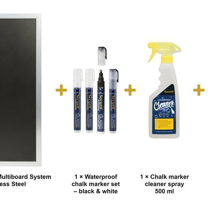 Securit® Expandable Multiboard System in Stainless Steel Chalkboard Set – Board + Waterproof Markers + Cleaner | Hospitality Trade Pack - hospitality